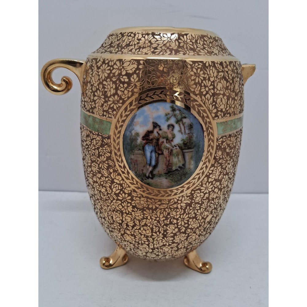 AK Kaiser Bavaria Gold Porcelain Fragonard Romantic Scene Footed Vase Pitcher